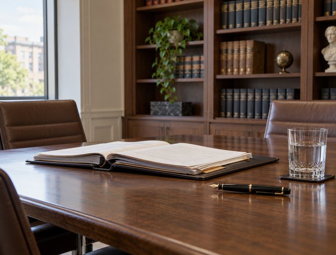 Dossier juridique ouvert sur une table de réunion