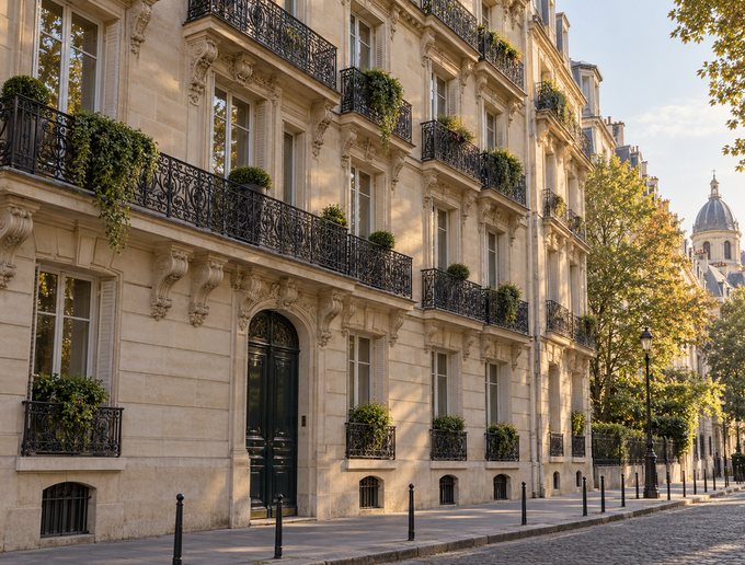Immeuble haussmannien à Paris, balcons en fer forgé